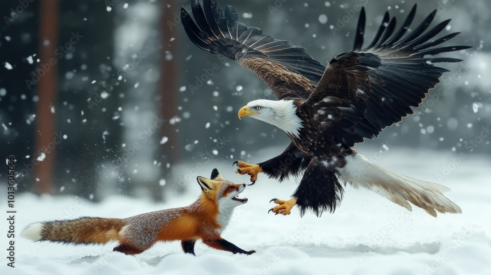 Bald Eagle Attacking a Fox in a Snowy Forest Bald Eagle Attacking a Fox in a Snowy Forest