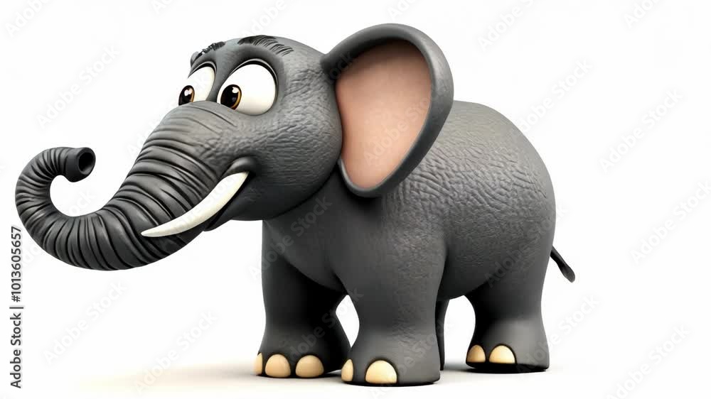 A cartoon elephant with large ears and a curled trunk stands on a white background A cartoon elephant with large ears and a curled trunk stands on a white background