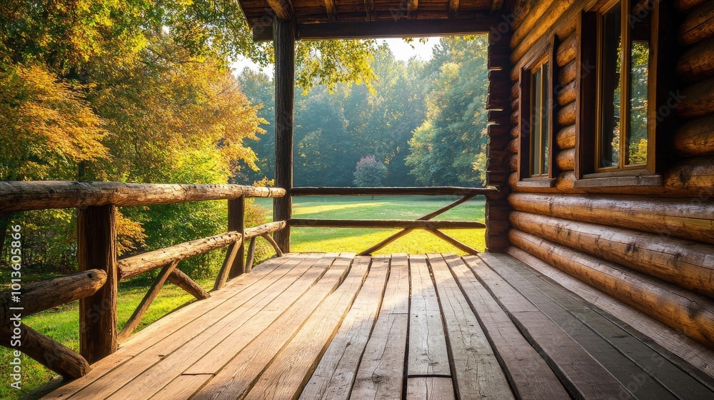 Wooden porch with a view of the woods. Perfect for illustrating peace and tranquility, showcasing the beauty of nature. Wooden porch with a view of the woods. Perfect for illustrating peace and tranquility, showcasing the beauty of nature.