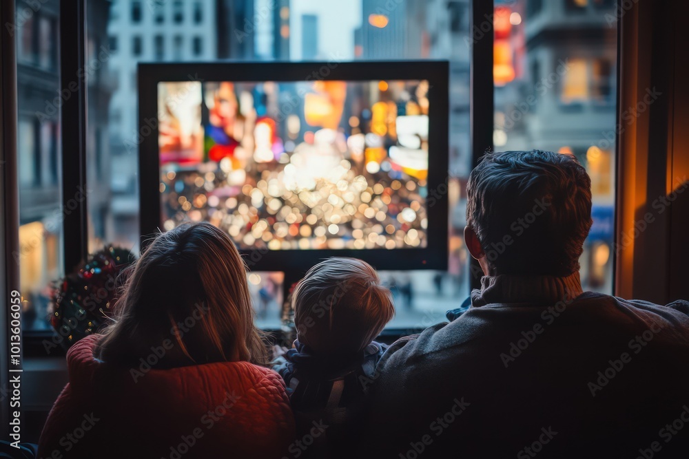 A family watching the Macy's Thanksgiving Day Parade on TV. A family watching the Macy's Thanksgiving Day Parade on TV.