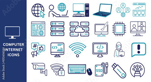 Computer Internet Icon Set. Online, computer, network, website, web design, data collection icons.