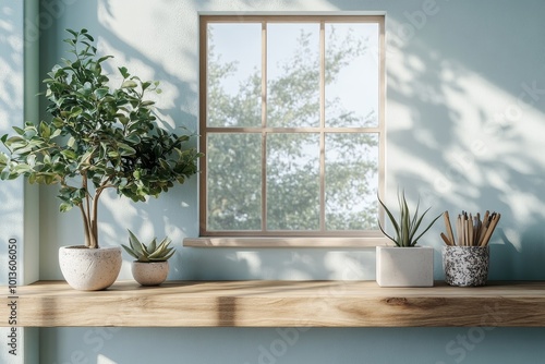 Wooden home living room interior shelf and decoration, window and mockup frame, Generative AI