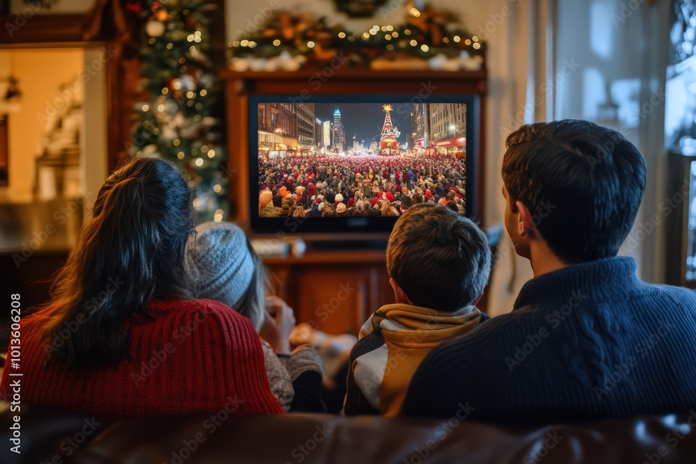 A family watching the Macy's Thanksgiving Day Parade on TV. A family watching the Macy's Thanksgiving Day Parade on TV.