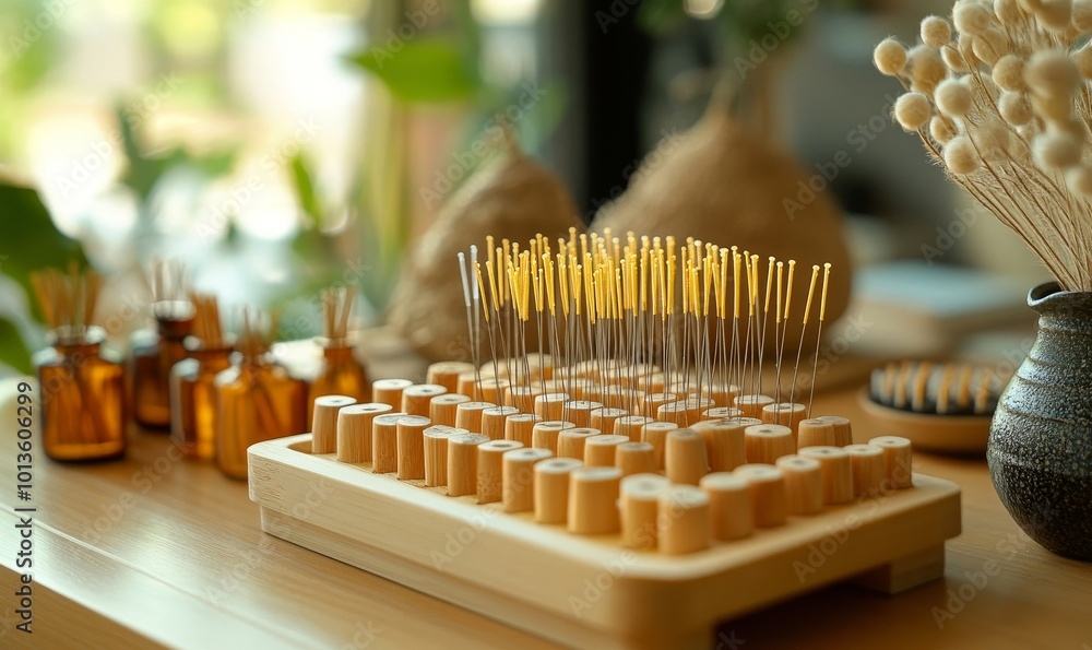 An organized display of various-sized acupuncture needles on a ...