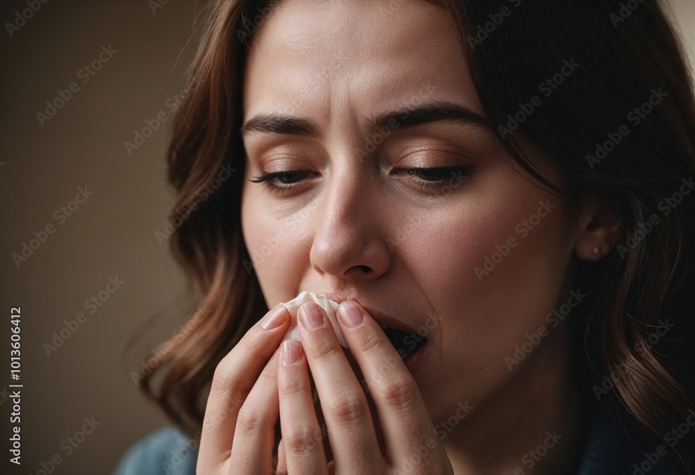 Woman yawning and covering her mouth, looking tired