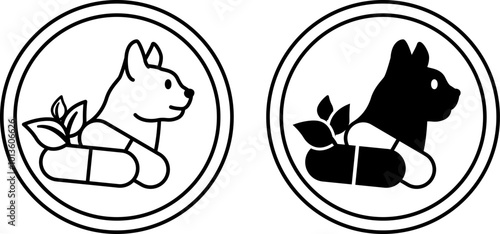 Labels Long Life Vitamins. Black and White Vector Icons. Cat and Vitamin Capsules. Cat's Food Properties. Food Packaging Sticker