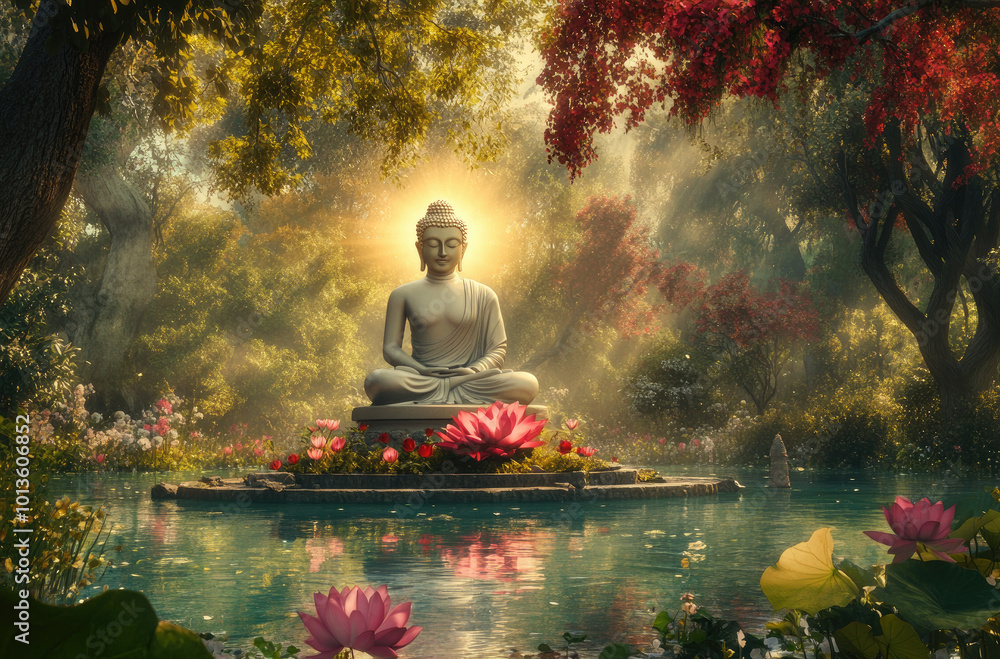 A digital painting of Buddha sitting on a lotus flower in the middle of a beautiful garden with trees and flowers, a calm lake beneath him A digital painting of Buddha sitting on a lotus flower in the middle of a beautiful garden with trees and flowers, a calm lake beneath him