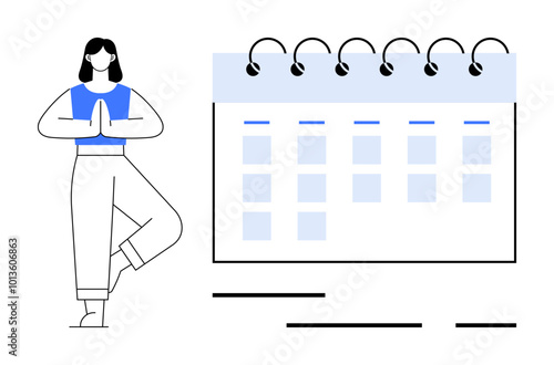 A person in a yoga pose stands beside a large calendar. Ideal for wellness planning, time management, personal growth, health goals, and scheduling activities. Modern, minimalistic, clean style