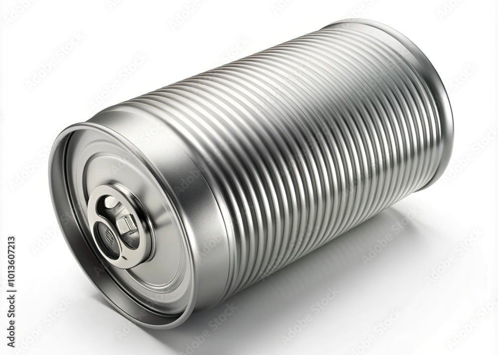 Shiny empty aluminum can with rolled edge and crimped top, isolated on a white background, highlighting its metallic texture and industrial packaging design. Shiny empty aluminum can with rolled edge and crimped top, isolated on a white background, highlighting its metallic texture and industrial packaging design.