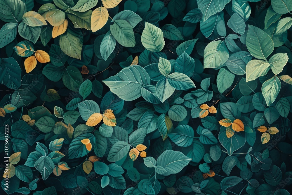 Green and yellow leaves overlapping on a dark background. Nature-inspired illustration for design and print. Gymnema. Ayuurveda. Ayurvedic herbs. Generative AI Green and yellow leaves overlapping on a dark background. Nature-inspired illustration for design and print. Gymnema. Ayuurveda. Ayurvedic herbs. Generative AI