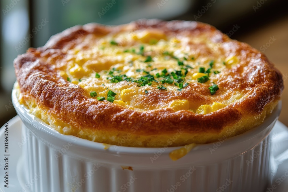 A golden-brown corn souffle in a white ramekin. This photo showcases a delicious and hearty side dish perfect for a dinner party or family gathering. A golden-brown corn souffle in a white ramekin. This photo showcases a delicious and hearty side dish perfect for a dinner party or family gathering.