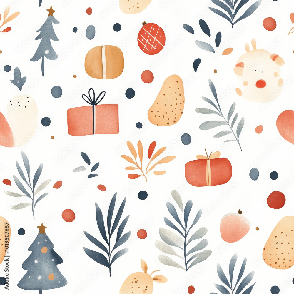 A festive seamless pattern featuring Christmas gifts, leaves, and seasonal elements, perfect for holiday designs and winter decor. A festive seamless pattern featuring Christmas gifts, leaves, and seasonal elements, perfect for holiday designs and winter decor.
