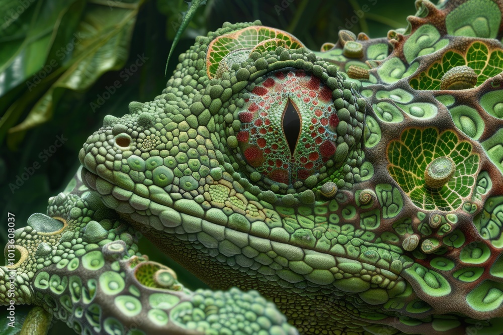 Fototapeta premium Close-up of a highly detailed green reptile with intricate patterns on its skin and a vivid, textured eye. Macro shot of lizard scales and eye design. Generative AI