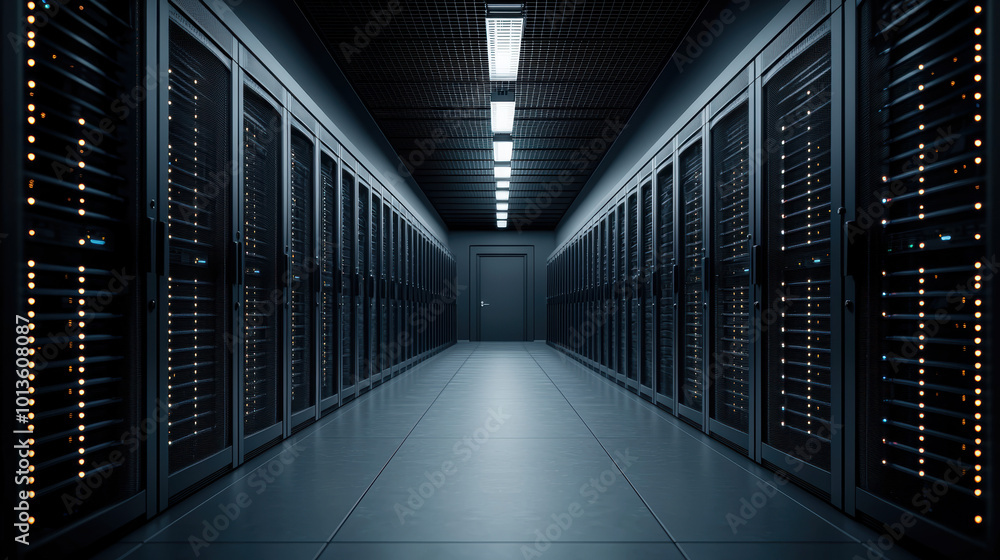 Fototapeta premium Modern server room with rows of data storage units and dim lighting.