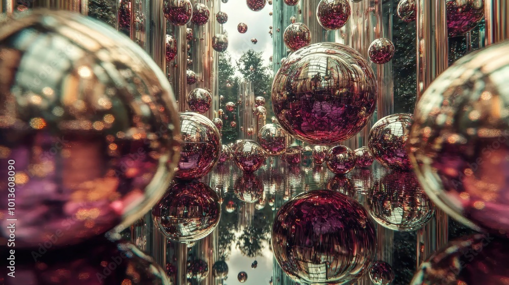 A Close-Up View of a Large Shiny Sphere Reflecting Smaller Spheres A Close-Up View of a Large Shiny Sphere Reflecting Smaller Spheres