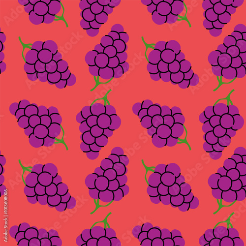 Vibrant purple grapes pattern on a bright red background showcasing fun textile design
