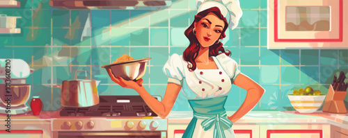 Glamorous pin-up chef in a retro kitchen, holding a mixing bowl, flat, vector illustration, pin-up style.