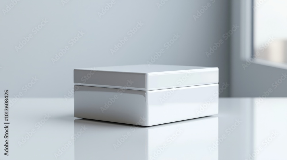 A sleek, minimalist white box with a clean design sits on a glossy surface, reflecting modern simplicity and elegance. A sleek, minimalist white box with a clean design sits on a glossy surface, reflecting modern simplicity and elegance.