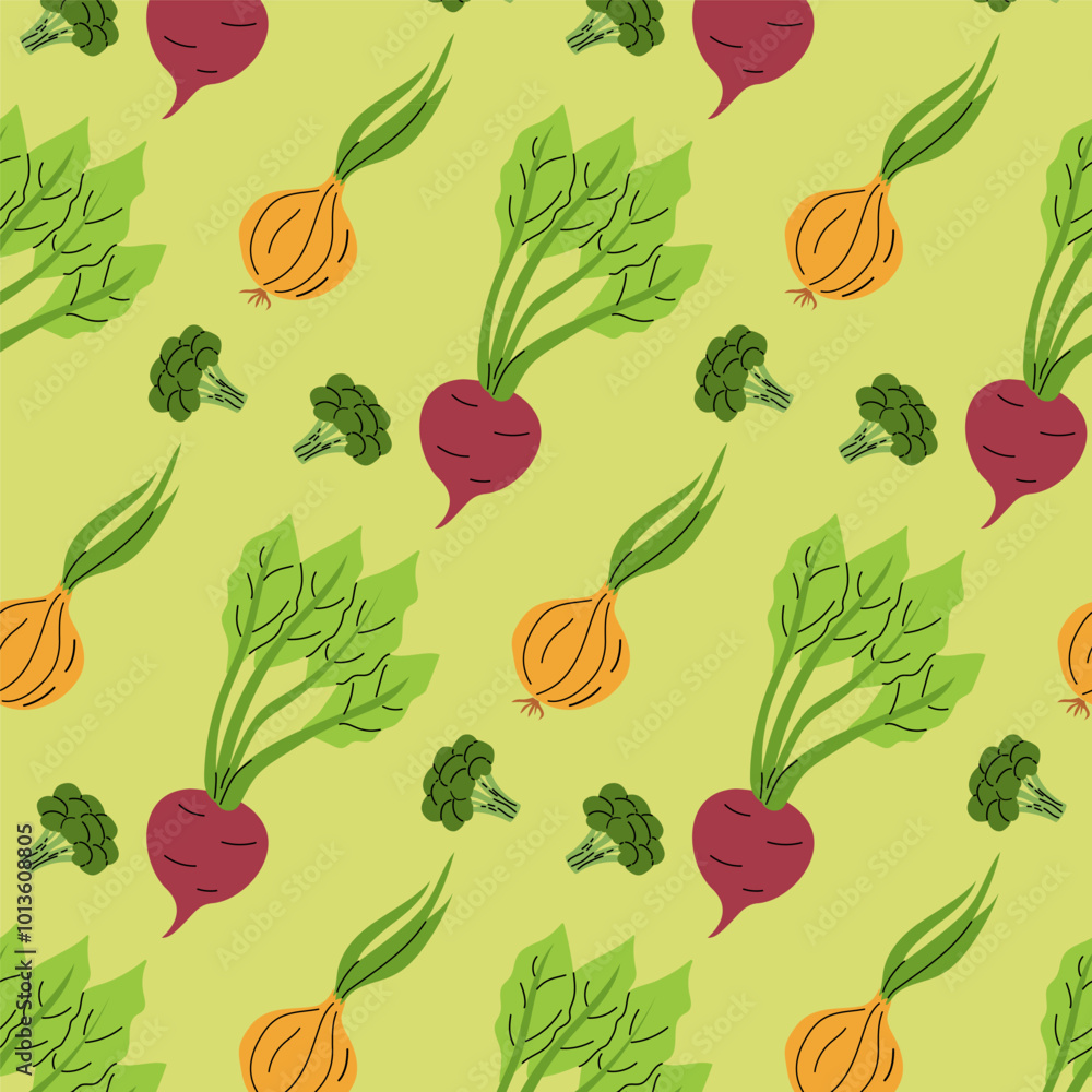 Colorful vegetable pattern showcasing radishes, onions, and broccoli on a soft green background Colorful vegetable pattern showcasing radishes, onions, and broccoli on a soft green background