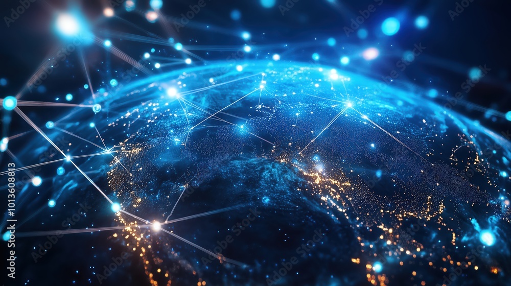 A stunning view of Earth's illuminated surface at night, connected by glowing blue networks and lights. A stunning view of Earth's illuminated surface at night, connected by glowing blue networks and lights.
