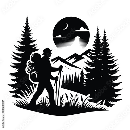 A silhouette of a man hiking through a dense forest, surrounded by tall trees and natural scenery.