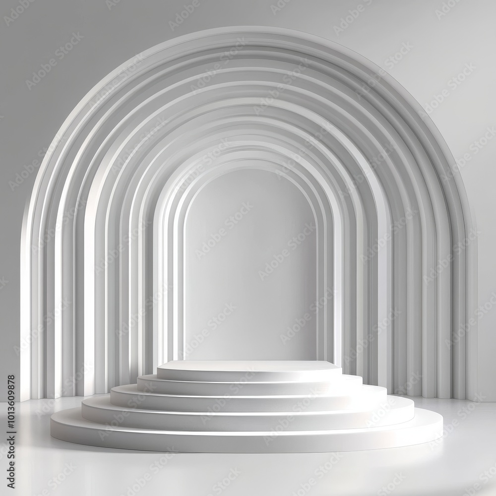 White podium with arch in the white room. 3D illustration. White podium with arch in the white room. 3D illustration.