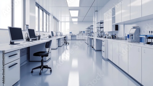 Bright and Organized Modern Corporate Laboratory Workspace with Advanced Equipment and Furnishings