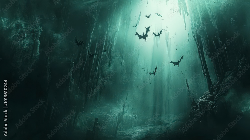 Fototapeta premium A mysterious cave with bats flying through green-tinted light