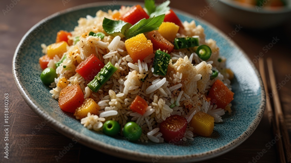 Realistic illustration of a plate of special fried rice served beautifully to stimulate the appetite Realistic illustration of a plate of special fried rice served beautifully to stimulate the appetite