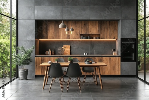 Wallpaper Mural Gray tile and wooden kitchen with dining table, Generative AI Torontodigital.ca