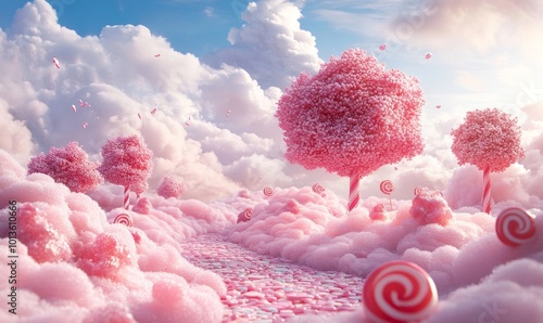 Whimsical candy landscape with pink lollipop trees, surrounded by candy-shaped mounds under a cloudy sky, fantasy world.  Generative Generative AI
