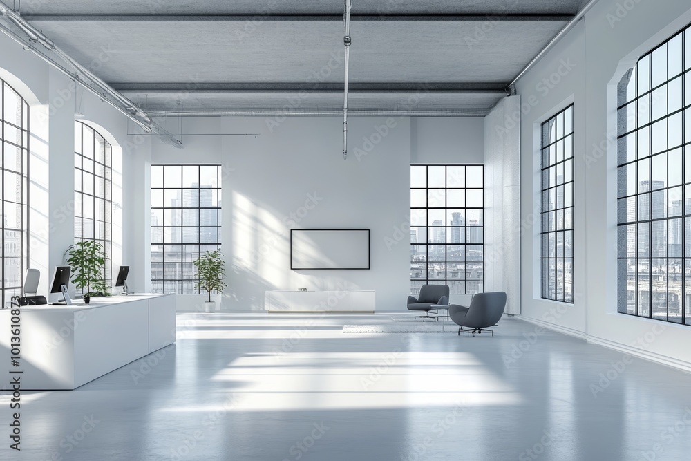 Workplace in white open space office interior, Generative AI Workplace in white open space office interior, Generative AI