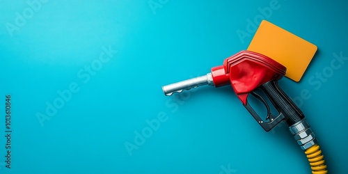 Credit card and fuel hose gas station on empty blue background, Generative AI