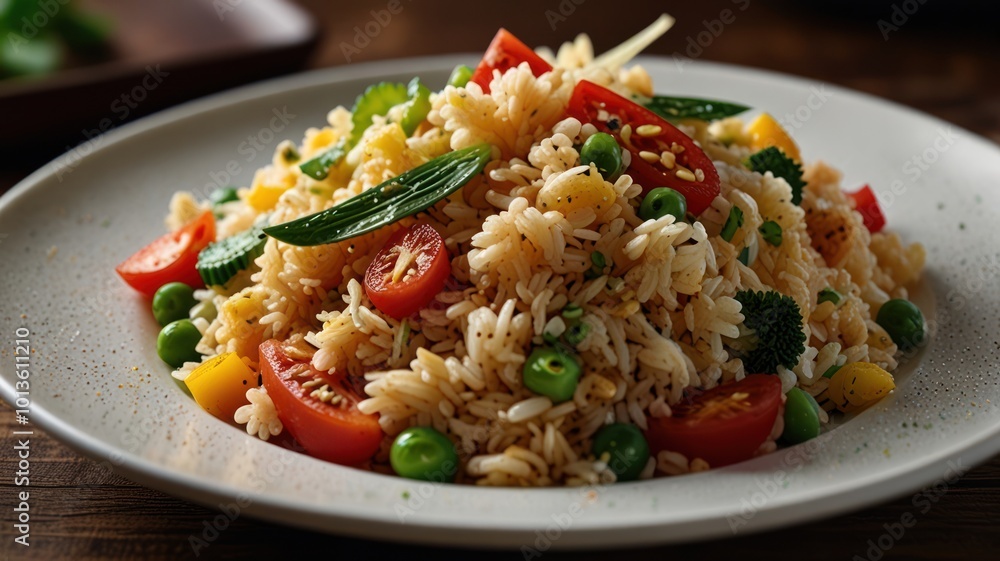 Realistic illustration of a plate of special fried rice served beautifully to stimulate the appetite Realistic illustration of a plate of special fried rice served beautifully to stimulate the appetite