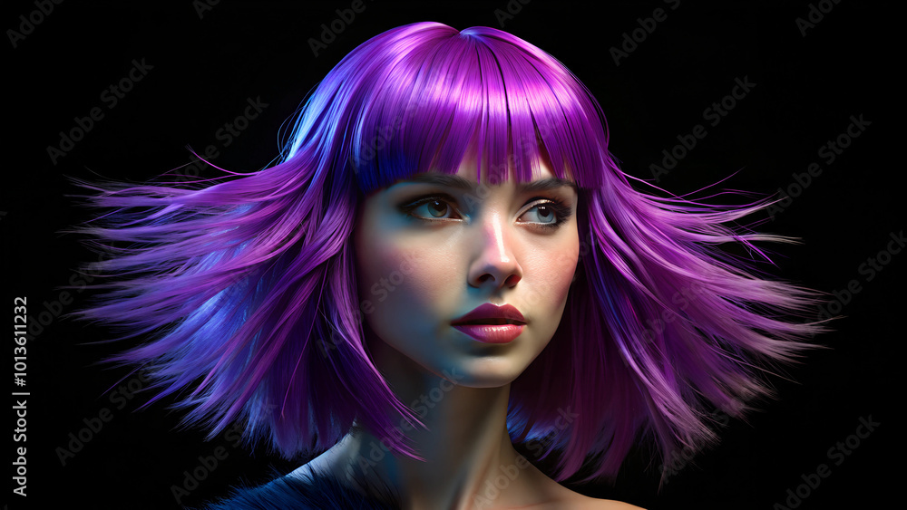 Young woman with dynamic purple hair in motion against a dark background Young woman with dynamic purple hair in motion against a dark background