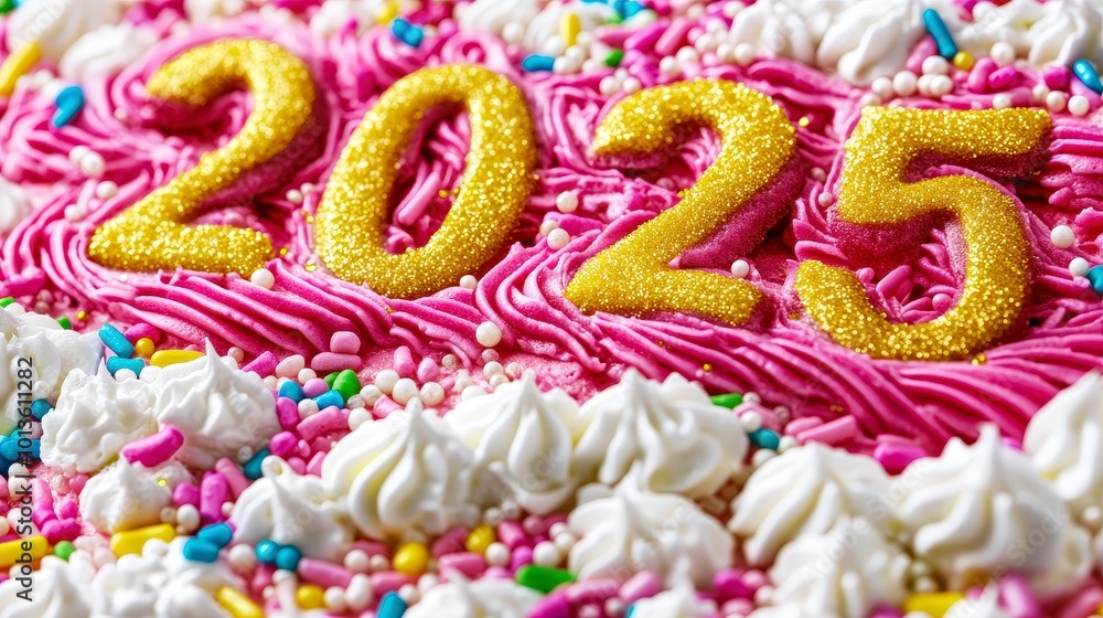 Obraz premium Vibrant cake with golden numbers and colorful decorations celebrating the year 2025