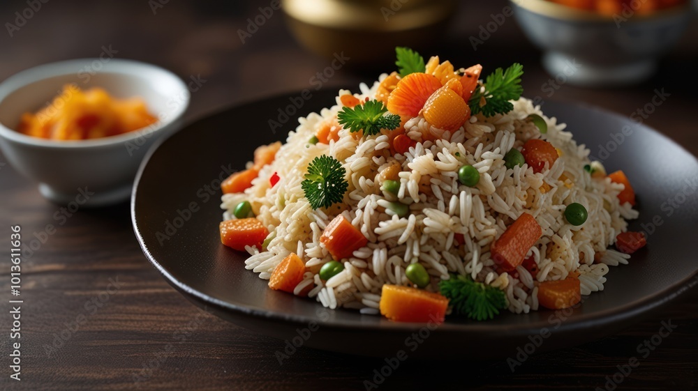 Realistic illustration of a plate of special fried rice served beautifully to stimulate the appetite Realistic illustration of a plate of special fried rice served beautifully to stimulate the appetite