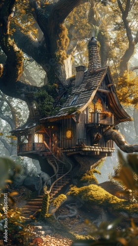 Enchanted treehouse in a magical forest, 4K hyperrealistic photo.