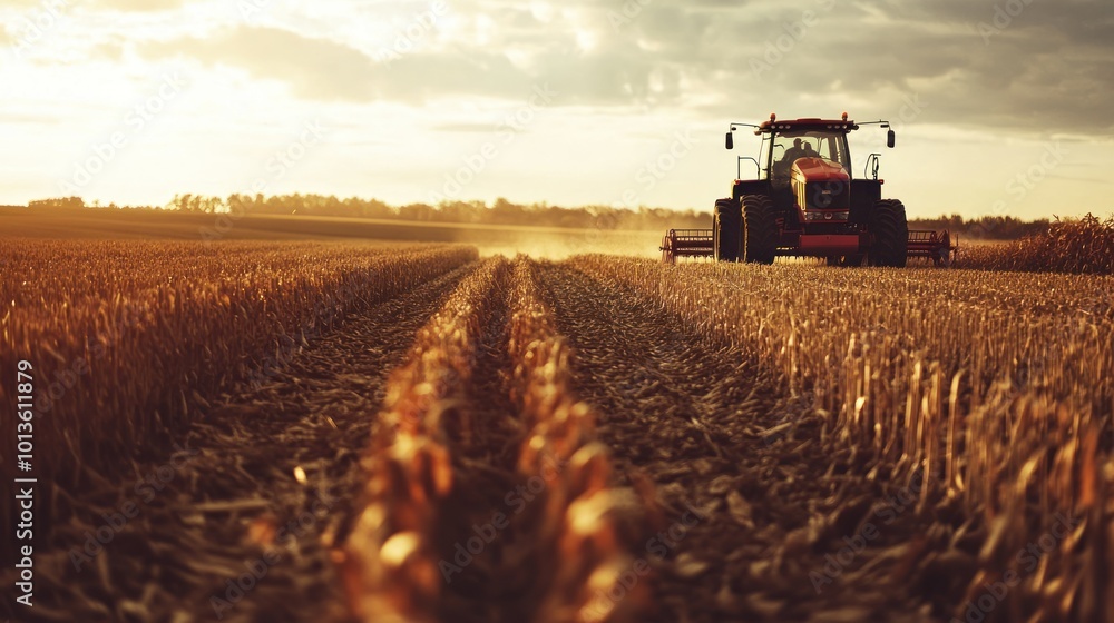 Red Tractor Harvesting in a Golden Field at Sunset Red Tractor Harvesting in a Golden Field at Sunset