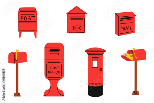 Bright red post office mailbox standing alone on a sidewalk in an urban area during daytime