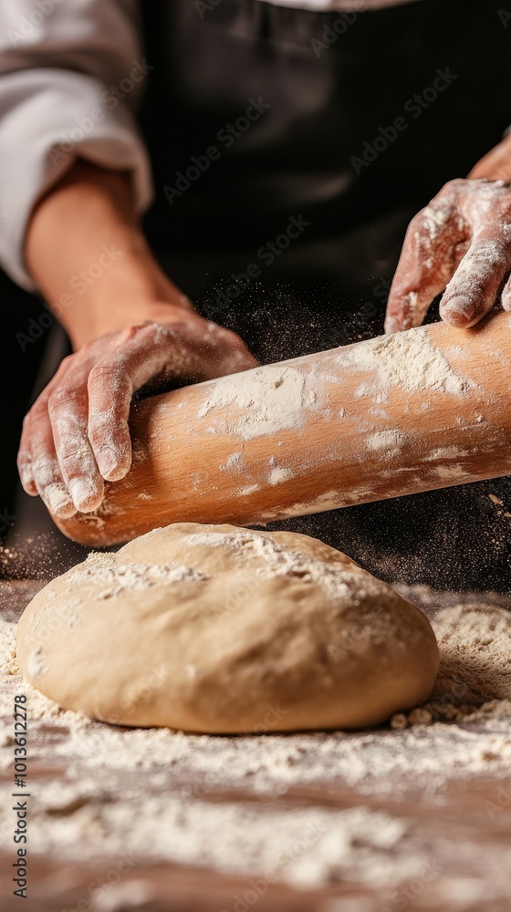 Hands kneading dough with a rolling pin on wooden surface, flour scattered around.