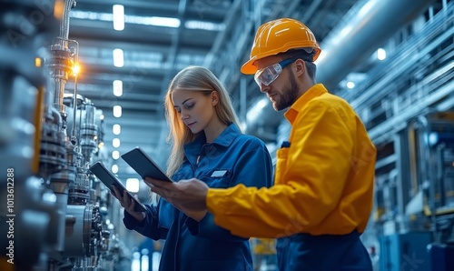 Factory Digitalization: Two Industrial Engineers Use Tablet Computer, Visualize the Wall of Big Data Statistics, Optimization of High-Tech Electronics