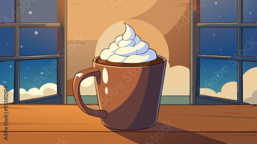 Stylish mug with hot beverage and whipped cream in cozy winter window setting