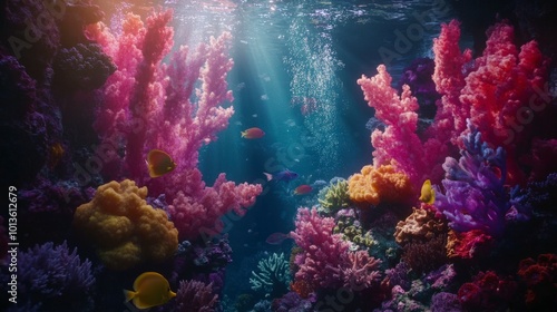 Vibrant underwater coral reef teeming with diverse marine life and colors photo