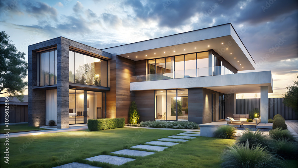 Modern architectural house with glass facade and landscaped garden in evening light
Modern architectural house with glass facade and landscaped garden in evening light