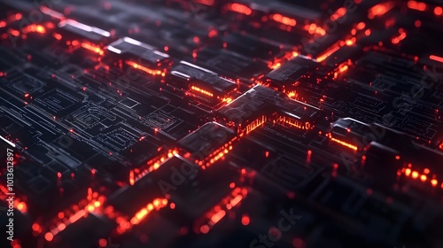 Abstract Futuristic Circuit Board with Red Glowing Lights