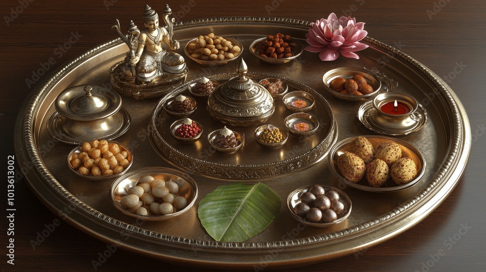 Traditional metal tray filled with assorted indian sweets and snacks Traditional metal tray filled with assorted indian sweets and snacks