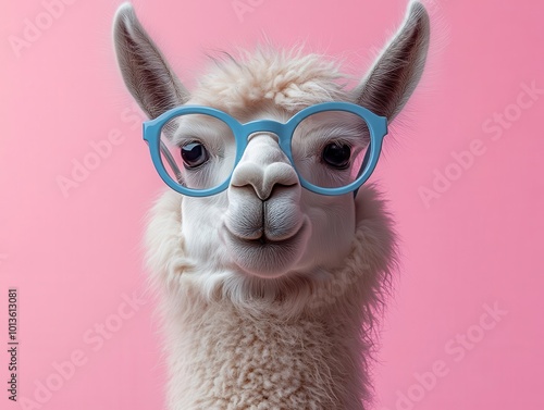 white llama with quirky blue glasses exuding charm and playfulness against a vibrant background creating a fun and whimsical visual that captures the essence of personality and lightheartedness