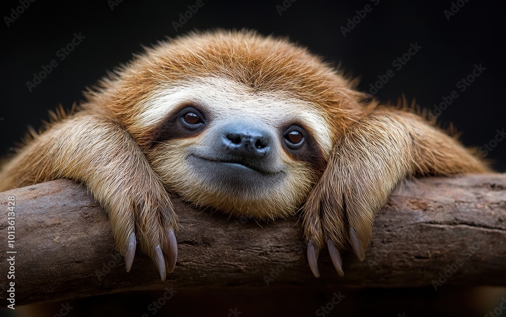 Cute sloth resting on a tree branch, looking content with a gentle smile. Cute sloth resting on a tree branch, looking content with a gentle smile.