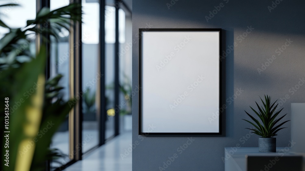 A blank framed mirror on a wall with plants, creating a serene indoor environment. A blank framed mirror on a wall with plants, creating a serene indoor environment.